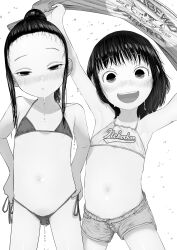  2girls :d absurdres arms_up bikini blush dripping flat_chest forehead greyscale hair_bun half-closed_eyes highres holding holding_clothes holding_shirt loli looking_at_viewer monochrome multiple_girls navel nose_blush open_mouth original paid_reward_available shirt short_shorts shorts side-tie_bikini_bottom simple_background smile stomach swimsuit tearontaron unworn_shirt water_drop wet wet_clothes wet_swimsuit white_background 