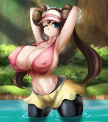  1girl armpits arms_up bikini bikini_top_only black_pantyhose blue_eyes breasts brown_hair cleavage closed_mouth covered_erect_nipples creatures_(company) curvy double_bun fenrox game_freak grass hair_bun highres huge_breasts long_hair looking_at_viewer midriff navel nintendo one_eye_closed outdoors pantyhose partially_submerged pokemon pokemon_bw2 rosa_(pokemon) skirt solo strap_gap swimsuit tree twintails visor_cap water wet  rating:Questionable score:34 user:DarkToonLink