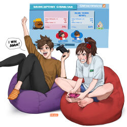  2girls alternate_costume anger_vein angry arm_up barefoot black_pants blue_shorts breikka brown_eyes brown_hair casual commentary controller d.va_(overwatch) english_commentary english_text freckles game_controller happy high_ponytail multiple_girls open_mouth orange_socks overcooked overwatch overwatch_1 pachimari pants playing_games playstation_controller ponytail shirt short_hair shorts simple_background sitting socks sweat teeth toes tracer_(overwatch) upper_teeth_only white_background white_shirt 