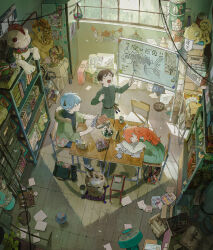  1girl 2boys absurdres academic_test bag blue_hair book bookshelf brown_hair chakotata closed_eyes clutter desk dress electric_fan food full_body green_dress green_jacket highres holding holding_book indoors jacket loaded_interior magazine_(object) multiple_boys original paper pencil pencil_case plant potted_plant red_hair school_desk sleeping stuffed_toy whiteboard window 