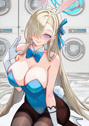  1girl absurdres animal_ear_hairband animal_ears asuna_(blue_archive) asuna_(bunny)_(blue_archive) banhuaaidie bare_shoulders blonde_hair blue_archive blue_bow blue_bowtie blue_eyes blue_leotard blue_ribbon bow bowtie breasts brown_pantyhose c: cleavage closed_mouth dated detached_collar elbow_gloves fake_animal_ears fake_tail gloves hair_intakes hair_over_one_eye hair_ribbon hairband halftone halo hand_up highleg highleg_leotard highres kneeling large_breasts leotard long_hair looking_at_viewer mole mole_on_breast official_alternate_costume one_eye_covered pantyhose playboy_bunny rabbit_ears rabbit_tail ribbon signature smile solo strapless strapless_leotard tail traditional_bowtie very_long_hair washing_machine white_gloves white_hairband white_tail 