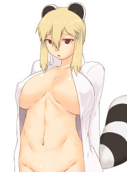 1girl animal_ears araiguma-san blonde_hair bra breasts cleavage collarbone covered_erect_nipples groin huge_breasts naked_shirt navel open_clothes open_mouth open_shirt original out-of-frame_censoring raccoon_ears raccoon_tail red_eyes shirt short_hair simple_background solo tail tsukudani_(coke-buta) underwear white_background white_shirt rating:Questionable score:39 user:BlueBaroness