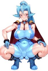  1girl armpit_crease blue_bodysuit blue_eyes blue_footwear blue_gloves blue_hair blush bodysuit boots breasts breasts_apart cameltoe cape censored choker clair_(pokemon) cleft_of_venus collarbone covered_navel creatures_(company) game_freak gloves gluteal_fold hair_between_eyes hands_on_own_knees high_heel_boots high_heels highres large_breasts light_smile low_neckline mosaic_censoring nintendo pokemon pokemon_hgss ponytail red_cape shiny_skin simple_background skin_tight solo spread_legs squatting thick_thighs thighs volyz white_background wide_hips 