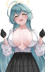 1girl absurdres black_gloves black_skirt blue_archive blush breasts collared_shirt gloves green_hair hair_between_eyes halo harness highres large_breasts lds_(dstwins97) long_hair looking_at_viewer open_mouth pleated_skirt shirt simple_background skirt smile solo white_background white_shirt yellow_eyes yellow_halo yume_(blue_archive) rating:Questionable score:12 user:danbooru