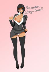  1girl black_hair black_thighhighs blue_eyes breasts business_suit clothes_lift clothes_pull dark-skinned_female dark_skin english_text female_focus formal full_body glasses gradient_background high_heels highres large_breasts looking_at_viewer nipples no_bra open_clothes open_shirt panties pantyshot rimless_eyewear shirt shirt_pull short_hair skirt skirt_lift smile solo standing striped_clothes striped_panties suit thetroon thighhighs underwear  rating:Questionable score:31 user:Lunacy