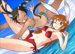 2girls animal_ears ass bikini black_hair blue_eyes breasts butt_crack cat_ears cat_tail charlotte_e._yeager closed_eyes cloud contrail dark-skinned_female dark_skin day falling fangs francesca_lucchini hair_ribbon long_hair medium_breasts multiple_girls nakamura_tetsuya navel one_eye_closed open_fly open_mouth orange_hair outdoors rabbit_ears rabbit_girl ribbon short_shorts shorts side-tie_bikini_bottom sky small_breasts smile strike_witches striped_bikini striped_clothes swimsuit tail teeth twintails unzipped water world_witches_series
