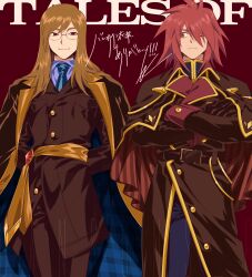  2boys absurdres belt brown_hair cape closed_mouth commentary_request crossed_arms english_text formal glasses gloves highres jade_curtiss kratos_aurion long_hair male_focus multiple_boys necktie one_eye_closed red_eyes red_hair roku_(gansuns) smile spiked_hair suit tales_of_(series) tales_of_symphonia tales_of_the_abyss uniform 