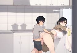  1boy 1girl age_difference black_hair blue_eyes bra breasts grey_shirt incest kitchen large_breasts mother_(pepper0) mother_and_son one_eye_closed original pepper0 sex sex_from_behind shirt short_hair shota standing standing_sex underwear white_bra  rating:Explicit score:715 user:Derpinasex_