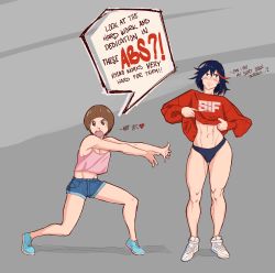  2girls abs ahoge blood blush breasts brown_eyes brown_hair clothes_lift commentary embarrassed english_text frown highres kill_la_kill large_breasts mankanshoku_mako matoi_ryuuko multicolored_hair multiple_girls muscular muscular_female no_pants nosebleed sanchezisfine shirt_lift shoes shorts signature simple_background sneakers sweatdrop sweater tank_top tareme toned toned_female two-tone_hair wide_hips yuri  rating:Sensitive score:146 user:danbooru