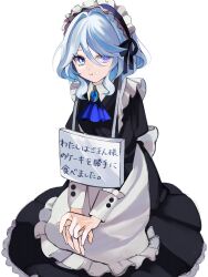  1girl :t absurdres alternate_costume apron ascot black_dress blue_ascot blue_eyes blue_hair brooch commentary_request dress enmaided frilled_apron frills furina_(genshin_impact) genshin_impact hair_between_eyes hair_intakes highres jewelry juliet_sleeves long_sleeves looking_at_viewer maid maid_headdress own_hands_together pet_shaming petticoat puffy_sleeves short_hair solo translated wafuu_tsunamayo white_apron 