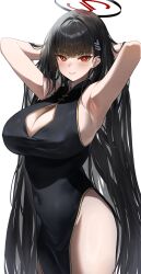 1girl absurdres armpits black_dress black_hair blue_archive blush breasts china_dress chinese_clothes cleavage cleavage_cutout closed_mouth clothing_cutout cowboy_shot dress hair_ornament hairclip halo highres huge_breasts long_hair looking_at_viewer red_eyes rio_(blue_archive) simple_background sleeveless sleeveless_dress solo thighs usa_b white_background rating:Sensitive score:24 user:danbooru