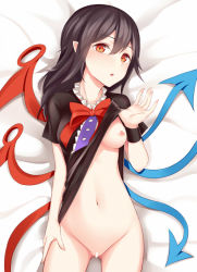  1girl :o asymmetrical_wings bar_censor bed_sheet black_hair bottomless bow bowtie breasts censored clothes_lift cowboy_shot dress dress_lift gluteal_fold hair_between_eyes houjuu_nue lifted_by_self long_hair looking_at_viewer lying navel nipples no_bra on_back pointy_ears pspmaru red_bow red_bowtie red_eyes short_sleeves small_breasts solo stomach touhou wings 