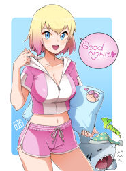  1girl blonde_hair blue_eyes bowieknife breasts cleavage english_text gwenpool hood hoodie large_breasts marvel medium_breasts multicolored_hair pillow shorts two-tone_hair  rating:General score:0 user:missingnumber
