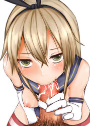 10s 1boy 1girl :&gt;= bad_id bad_pixiv_id blonde_hair blush breasts cum cum_in_mouth elbow_gloves fellatio from_above gloves hair_ribbon hetero kantai_collection long_hair looking_at_viewer male_pubic_hair nipples oral penis penis_grab pov pov_crotch pubic_hair ribbon shimakaze_(kancolle) simple_background solo_focus striped_clothes striped_thighhighs tears thighhighs uncensored white_background yellow_eyes yorunoyu rating:Explicit score:61 user:danbooru
