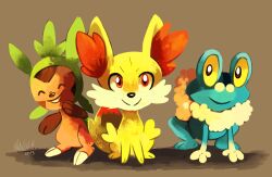 animal_focus chespin colored_sclera creatures_(company) cuteskitty dated fennekin fox froakie frog game_freak gen_6_pokemon hedgehog looking_at_viewer nintendo no_humans pokemon pokemon_(creature) red_eyes simple_background sitting smile yellow_sclera