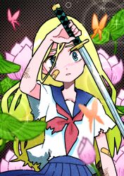  1girl bandaid bandaid_on_arm bandaid_on_face blonde_hair blue_eyes blue_sailor_collar blue_skirt brown_background bug butterfly dirty_arm flower fujishima_moyu highres holding holding_sword holding_weapon insect lily_pad lotus neckerchief original parted_lips pleated_skirt red_neckerchief sailor_collar school_uniform serafuku shirt shorts skirt solo sword torn_clothes torn_shirt torn_shorts weapon white_shirt 