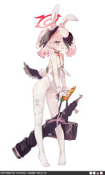  1girl animal_ears bag bare_shoulders black_wings blue_archive blush breasts carrot collarbone cui_pi_zha_xia_qiu fake_animal_ears fake_tail feathered_wings food full_body gun halo head_wings koharu_(blue_archive) leotard long_hair looking_at_viewer open_mouth pink_eyes pink_hair playboy_bunny rabbit_ears rabbit_tail red_halo simple_background small_breasts solo standing strapless strapless_leotard tail thighhighs twintails vegetable weapon white_background white_leotard white_thighhighs wings wrist_cuffs  rating:Sensitive score:7 user:danbooru