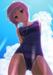  1girl akahige arms_behind_back backlighting bare_shoulders brown_eyes cameltoe from_below head_tilt highres lens_flare looking_at_viewer looking_down nagato_yuki one-piece_swimsuit partially_visible_vulva purple_hair school_swimsuit short_hair solo sunlight suzumiya_haruhi_no_yuuutsu swimsuit tan tanline  rating:Questionable score:62 user:danbooru