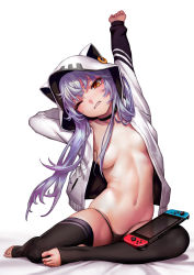 1girl animal_hood arm_up as109 azuma_lim azuma_lim_channel black_panties black_thighhighs blue_hair blush breasts cameltoe choker commentary_request feet hair_censor handheld_game_console highres hood hoodie jacket long_hair navel nintendo_switch no_shoes one_eye_closed open_clothes open_hoodie open_jacket orange_eyes panties revision sitting small_breasts solo stretching string_panties thighhighs toeless_legwear toes underwear virtual_youtuber yokozuwari rating:Questionable score:135 user:danbooru