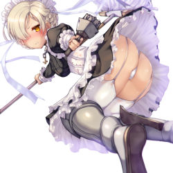 1girl apron ass azur_lane bad_id bad_pixiv_id blonde_hair blurry blush braid breasts collar depth_of_field dress frills from_behind garter_straps gun hair_over_one_eye holding long_sleeves looking_at_viewer looking_back maid maid_apron maid_headdress medium_breasts mop panties satou_daiji sheffield_(azur_lane) shiny_skin short_hair simple_background solo thighhighs underwear weapon white_apron white_background white_panties white_thighhighs yellow_eyes rating:Questionable score:18 user:danbooru