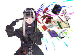  1girl ;p ab7u_ta absurdres ashtray belt black_belt black_bow black_choker black_dress black_gloves black_hair blue_eyes blunt_bangs book bow breasts camera choker choko_(cup) cigarette commentary_request cross-laced_clothes cross-laced_dress cup cushion dress gloves gothic_lolita grey_hair gun gun_to_head handgun hands_up highres holding holding_gun holding_weapon hololive hololive_dev_is juufuutei_raden kiseru lace lace_choker lolita_fashion long_hair long_sleeves looking_at_viewer mahjong mahjong_tile medium_breasts multicolored_hair noh_mask one_eye_closed open_book open_mouth paint_splatter red_brooch revolver scroll sidelocks smoking_pipe solo streaked_hair teeth tokkuri tongue tongue_out trigger_discipline two-tone_hair upper_body upper_teeth_only virtual_youtuber weapon white_background zabuton 