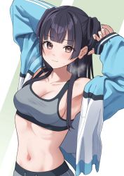 1girl arms_up bad_id bad_twitter_id black_hair blunt_bangs blush breasts brown_eyes closed_mouth collarbone commentary gradient_background green_background heavy_breathing highres idolmaster idolmaster_shiny_colors jacket long_hair long_sleeves looking_at_viewer mayuzumi_fuyuko medium_breasts navel open_clothes open_jacket sleeves_past_wrists solo sports_bra sweat symbol-only_commentary takio_(kani_sama) white_background rating:Sensitive score:20 user:danbooru