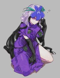 1girl black_footwear black_gloves black_hair boots breasts chamaruk dress elbow_gloves flower flower_on_head gloves grey_background large_breasts long_hair looking_at_viewer pinky_out puffy_short_sleeves puffy_sleeves purple_dress short_sleeves solo touhou yomotsu_hisami