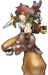  1boy 2girls aikawa_yuzuki alice_(ragnarok_online) armor black_cat blurry breastplate broom brown_gloves brown_hair brown_pants cat chibi commentary_request dagger depth_of_field foot_out_of_frame gloves green_eyes grin holding holding_broom holding_dagger holding_knife holding_weapon knife looking_at_viewer lowres male_focus mini_person minigirl multiple_girls novice_(ragnarok_online) pants ragnarok_online reaching reaching_towards_viewer short_hair simple_background smile weapon white_background wildrose zealotus 