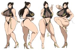  1girl alternate_costume arm_behind_back artist_name ass breasts capcom chun-li clenched_hand earrings eyeliner fighting_stance from_side full_body gold_footwear hair_bun hair_ornament hand_on_own_hip happy high_heels highleg highleg_panties highres huge_ass huge_breasts jewelry leg_up legs long_hair looking_at_viewer makeup multiple_views navel open_mouth outline panties parted_bangs pink_lips revealing_clothes round_teeth see-through shibusun simple_background sketch smile standing standing_on_one_leg stomach street_fighter street_fighter_6 tassel teeth thick_thighs thighs thong toned underwear v waist_tassel white_background wide_hips wristband 
