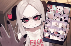  1boy 1girl anger_vein annoyed ass azzaku_(zombiemiso) black_panties black_thighhighs cellphone censored closed_eyes clothes_writing cum cum_in_pussy cum_on_body cumdrip demon_horns fangs fingering food forehead hetero highres holding horns ice_cream loli long_hair looking_at_viewer mosaic_censoring nail_polish no_pants nude open_mouth original pale_skin panties penis phone photo_(object) pov profanity pussy rape red_eyes sex shirt sleep_molestation sleeping smartphone spread_pussy thighhighs thou-low_(zombiemiso) underwear upper_body vaginal white_hair white_shirt zombiemiso  rating:Explicit score:293 user:danbooru