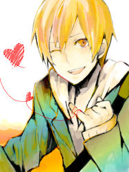  blonde_hair blush brown_eyes durarara!! heart heart_of_string kida_masaomi looking_at_viewer melo open_mouth simple_background smile string string_of_fate teeth  rating:Sensitive score:0 user:Your_mom