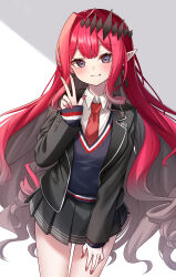  1girl baobhan_sith_(fate) black_jacket black_skirt blazer blush breasts earrings fang fate/grand_order fate_(series) grey_eyes hair_ornament highres hoshino_reiji jacket jewelry long_sleeves looking_at_viewer nail_polish necktie pink_hair pointy_ears red_nails red_necktie school_uniform skirt smile solo v white_background  rating:General score:3 user:danbooru