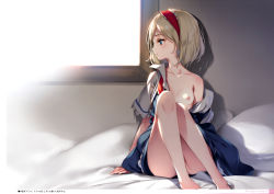 1girl absurdres alice_margatroid bare_legs barefoot blonde_hair blue_dress blue_eyes breasts unworn_clothes collarbone convenient_leg dress hairband highres indoors ke-ta knees_up legs looking_to_the_side nipples no_panties non-web_source off_shoulder on_bed one_breast_out open_clothes profile red_hairband shadow short_hair sitting small_breasts solo thighs touhou translation_request window rating:Questionable score:68 user:danbooru