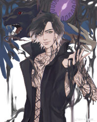  1boy absurdres arm_tattoo bare_shoulders black_coat black_gloves black_hair black_panther closed_mouth coat devil_may_cry_(series) devil_may_cry_5 fingerless_gloves gloves griffon_(devil_may_cry_5) hand_tattoo highres holding jewelry leopard male_focus necklace nightmare_(devil_may_cry) panther shadow_(devil_may_cry_5) sleeveless sleeveless_coat smile solo tattoo tooth_necklace v_(devil_may_cry) 