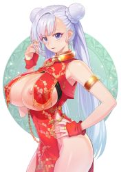  1girl alternate_costume armlet azur_lane bare_shoulders belfast_(azur_lane) braid breast_curtains breasts chain china_dress chinese_clothes collar commentary_request covered_erect_nipples covered_navel double_bun dress fingerless_gloves floral_print gloves hand_up highres large_breasts long_hair looking_at_viewer nipple_piercing nipple_slip nipples one_breast_out open_mouth pelvic_curtain piercing piercing_through_clothes purple_eyes red_dress red_gloves side_slit simple_background sleeveless sleeveless_dress smile solo supurai thighs twintails very_long_hair  rating:Questionable score:53 user:danbooru