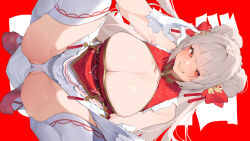  1girl breasts china_dress chinese_clothes cleavage cleavage_cutout clothing_cutout commentary_request commission double_bun dress fellatio_gesture gloves hair_bun highres huge_breasts long_hair looking_at_viewer makingtawawa mixed-language_commentary open_mouth original panties red_background red_dress red_eyes red_footwear shoes simple_background skeb_commission skirt solo squatting thighhighs underwear white_gloves white_hair white_panties white_skirt white_thighhighs 