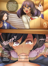 ! !! 2boys 2girls 2koma :&gt;= ;d black_hair blush box breasts calem_(pokemon) censored clothed_sex clothes_pull comic creatures_(company) curtains dark-skinned_female dark_skin dexio_(pokemon) emma_(pokemon) english_text fellatio game_freak hetero indoors interracial lips long_hair looking_up multiple_boys multiple_girls nintendo one_eye_closed open_mouth oral pants pants_pull penis pink_lips pokemon pokemon_xy pov purple_eyes revolverwing sina_(pokemon) smile stealth_fellatio stealth_sex sweatdrop table tears text_focus under_table window rating:Explicit score:304 user:Perv-Ultra