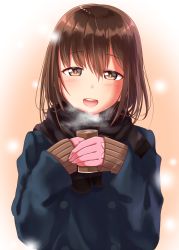 1girl black_scarf blush breath brown_eyes brown_hair buttons can coat gurande_(g-size) hair_between_eyes half-closed_eyes highres holding holding_can looking_at_viewer matching_hair/eyes open_mouth original scarf sleeves_past_wrists smile snow solo teeth upper_body rating:General score:6 user:danbooru