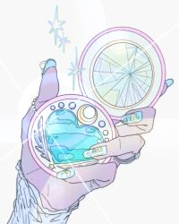 1girl absurdres blue_nails broken_mirror compact_(cosmetics) crack fingernails glint hand_focus heart highres holding holding_compact jewelry long_sleeves mirror multiple_rings nail_art nail_polish original ring simple_background solo sparkle white_background yosh1to 