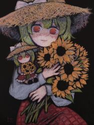  1girl absurdres black_background bow character_doll closed_mouth cowboy_shot dress flower fumo_(doll) green_hair grey_shirt hat hat_bow highres holding holding_flower kazami_yuuka long_sleeves looking_at_viewer medium_hair plaid plaid_dress red_dress red_eyes shaded_face shirt simple_background smile solo straw_hat sunflower svveetberry touhou traditional_media white_bow  rating:General score:6 user:danbooru