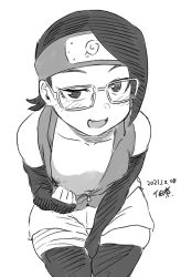 1girl arm_between_legs blush boruto:_naruto_next_generations breasts clothes_pull collarbone dated downblouse fang glasses greyscale headband loli looking_at_viewer monochrome naruto_(series) nipples open_mouth seductive_smile shirt_pull short_hair shorts signature simple_background sketch skin_fang skindentation small_breasts smile solo thighhighs tsukudani_(coke-buta) uchiha_sarada white_background rating:Explicit score:208 user:danbooru