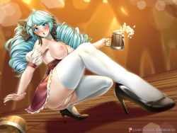 1girl absurdres alcohol beer breasts cabbbriolet dress drill_hair drink gwen_(league_of_legends) high_heels highres league_of_legends lips nipples skirt thighhighs twin_drills underwear rating:Explicit score:17 user:twilight_jester