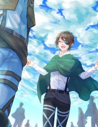  1other 26caaan black_pants brown_hair brown_jacket brown_sash closed_eyes cloud cloudy_sky collared_shirt cowboy_shot cropped_jacket crowd eyepatch from_behind glasses hange_zoe highres jacket long_sleeves open_mouth outstretched_arms pants shingeki_no_kyojin shirt short_hair sky smile survey_corps_(emblem) suspenders three-dimensional_maneuver_gear updo white_pants white_shirt 