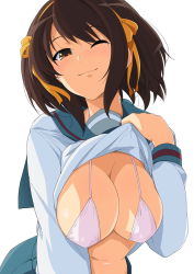 1girl ;) bikini bikini_top_only bikini_under_clothes blue_sailor_collar blue_skirt blush breasts brown_eyes brown_hair cleavage closed_mouth clothes_lift covered_erect_nipples hair_ribbon hairband haruhisky highres kita_high_school_uniform large_breasts leaning_forward lifting_own_clothes long_sleeves looking_at_viewer navel one_eye_closed orange_hairband orange_ribbon ribbon sailor_collar school_uniform serafuku shirt_lift short_hair skirt smile solo suzumiya_haruhi suzumiya_haruhi_no_yuuutsu swimsuit upper_body white_bikini rating:Questionable score:65 user:danbooru