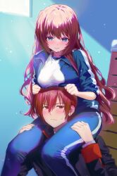  1boy 1girl a-chan_senpai awkward black_jacket blue_eyes blue_jacket blue_pants blush breast_rest breasts breasts_on_head brown_hair carrying clannad clenched_hands closed_mouth commentary commentary_request company_connection embarrassed eyelashes feet_out_of_frame frown furrowed_brow gym_uniform hair_between_eyes hetero highres indoors jacket key_(company) large_breasts lips little_busters! little_busters!_school_uniform long_hair long_sleeves looking_at_another looking_at_viewer looking_down miiizuno_lbs natsume_kyousuke open_clothes open_jacket pants school_uniform shirt short_hair shoulder_carry sidelighting sidelocks sleeves_rolled_up split_mouth straight_hair sweat sweatdrop track_jacket upper_body very_long_hair wavy_hair wavy_mouth white_shirt window 