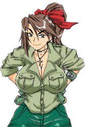  1girl black_eyes bow breasts brown_hair choker cleavage cross cross_necklace epaulettes fingerless_gloves gamonkoubou gloves green_eyes green_gloves green_pants green_shirt green_theme hair_bow hair_ribbon hands_on_own_hips jewelry large_breasts long_hair looking_at_viewer necklace pants ponytail red_bow ribbon ribbon_choker shirt sleeves_pushed_up smile solo thick_eyebrows tsurime white_background wolfgangina_getto wristband zombiepowder 