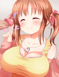  1boy 1girl blush breasts brown_hair censored cleavage closed_mouth collarbone closed_eyes hair_ribbon heart hetero large_breasts mikan-ya mosaic_censoring penis ribbon smile solo_focus tagme totoki_airi twintails upper_body  rating:Explicit score:51 user:pingas37