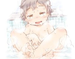  1girl barefoot bath blush crossed_legs feet female_focus female_masturbation flat_chest half-closed_eyes ham_(points) horny_face loli looking_at_viewer masturbation nipples open_mouth partially_submerged raised_eyebrows short_hair smile solo steam toes torogao water wet  rating:Explicit score:70 user:Dweenie