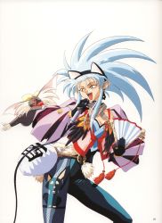  1990s_(style) 1girl absurdres animal_ears artist_request blue_hair breasts cat_ears cleavage green_hair highres microphone retro_artstyle ryou-ouki ryouko_(tenchi_muyou!) spiked_hair tenchi_muyou! yellow_eyes  rating:Sensitive score:16 user:danbooru