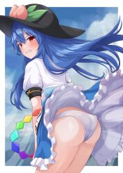 1girl absurdres ass black_hat blue_hair blue_skirt blush border clenched_teeth clothes_lift commission cowboy_shot disgust frilled_skirt frills from_behind fruit_hat_ornament hair_between_eyes hat hat_ornament highres hinanawi_tenshi long_hair panties pantyshot peach_hat_ornament puffy_short_sleeves puffy_sleeves ramie_(ramie541) red_eyes revision shirt short_sleeves skeb_commission skirt skirt_lift solo teeth touhou underwear wedgie white_border white_panties white_shirt wind wind_lift rating:Sensitive score:23 user:danbooru